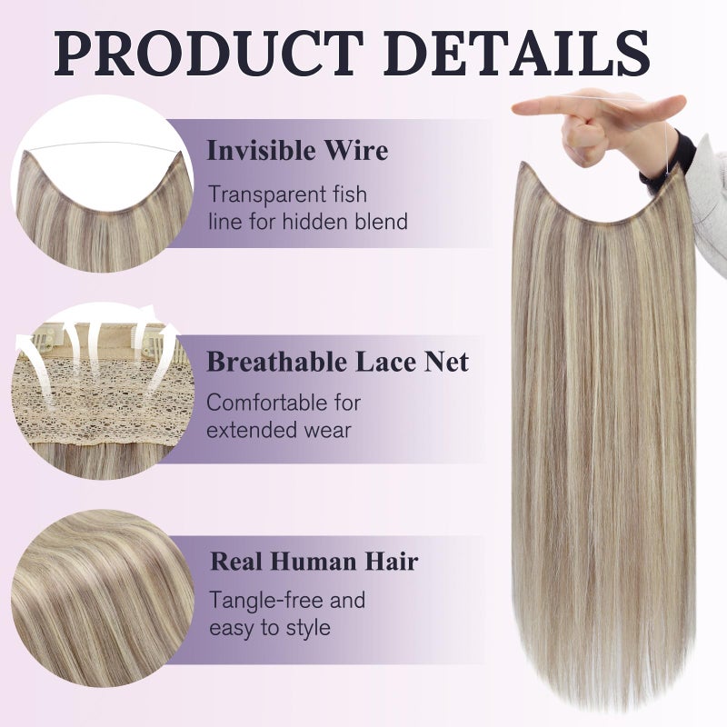 Fshine Invisible Wire Hair Extensions 18 Inch 86 G Ash Blonde Highlighted Bleach Blonde Fish Line Wire Human Hair Extensions Seamless Layered Hairpiece Clip ins for Women - Image 2